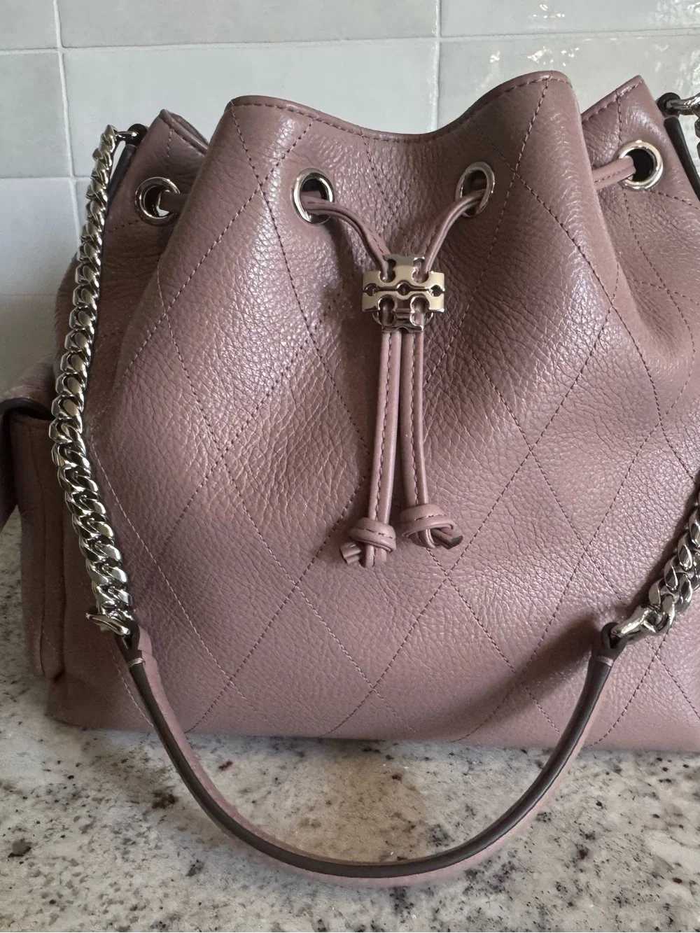 RARE Authentic Tory Burch Small Mauve Charlie Quilted Drawstring Bag